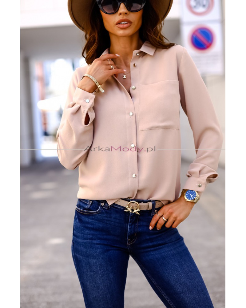 Elegancka wizytowa koszula bluzka  klasyczna damska długi rękaw kieszonka beżowa Polska produkcja 2