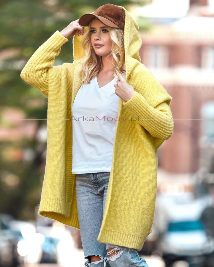 Kardigan sweter damski cytrynowy żółty kaptur midi over size wełna Polski produkt PREMIUM