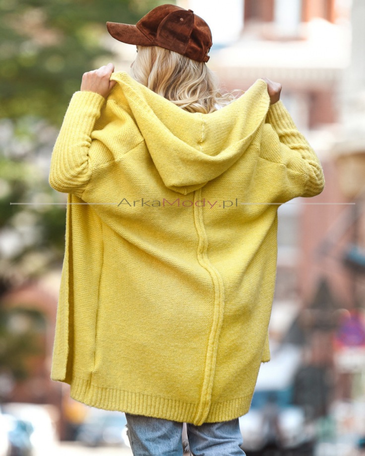 Kardigan sweter damski cytrynowy żółty kaptur midi over size wełna Polski produkt PREMIUM tył