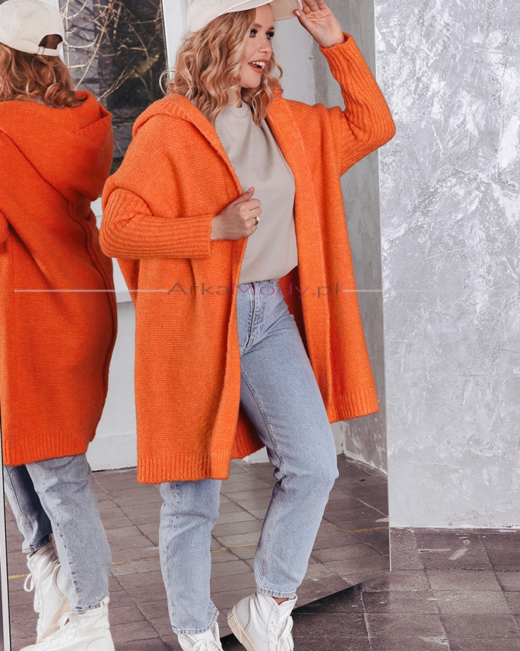 Kardigan sweter damski pomarańczowy orange kaptur midi oversize wełna Polski produkt PREMIUM