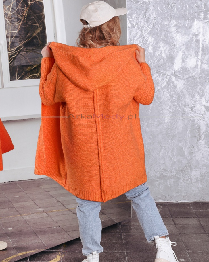Kardigan sweter damski pomarańczowy orange kaptur midi oversize wełna Polski produkt PREMIUM tył
