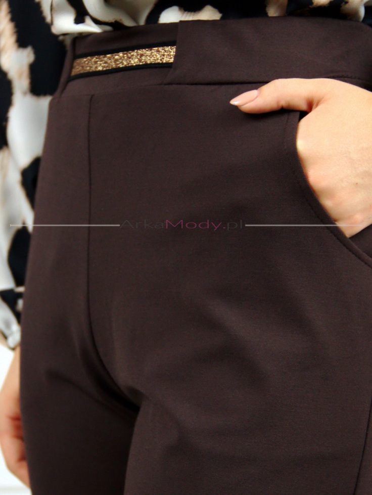 Eleganckie damskie spodnie brązowe wysoki stan duże rozmiary Polski produkt złote guziczki 8