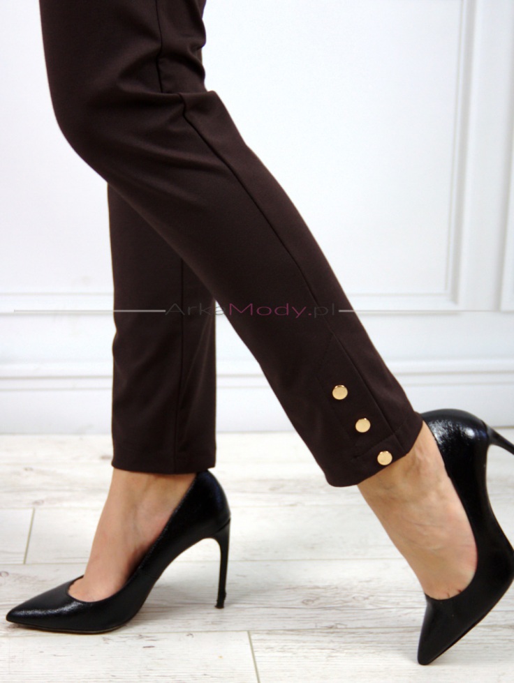 Eleganckie damskie spodnie brązowe wysoki stan duże rozmiary Polski produkt złote guziczki 2