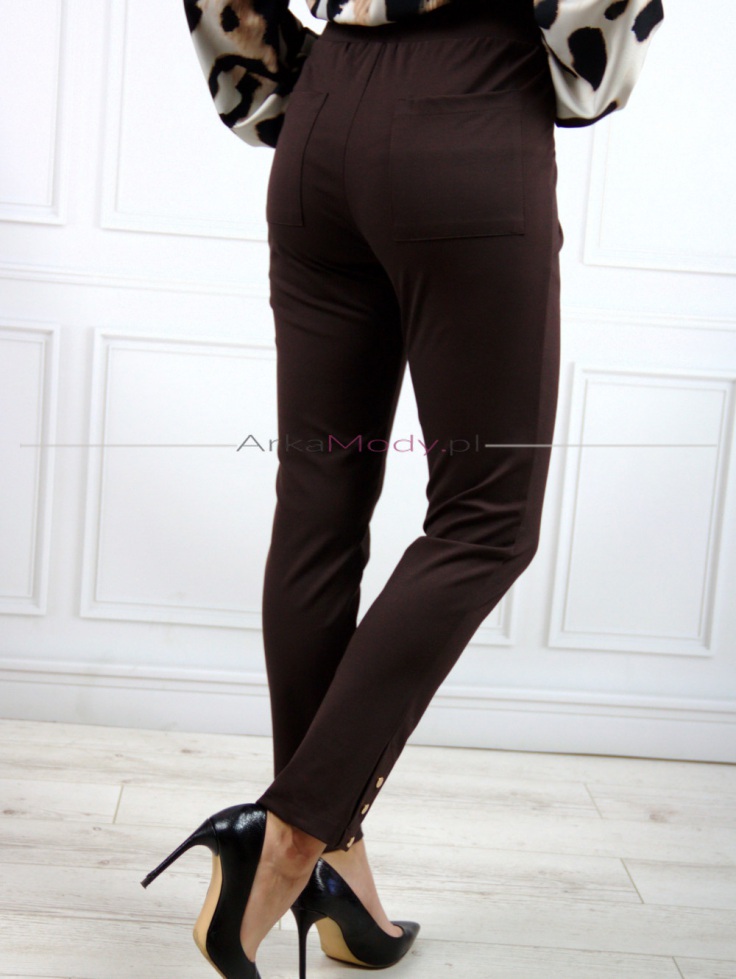 Eleganckie damskie spodnie brązowe wysoki stan duże rozmiary Polski produkt złote guziczki 4