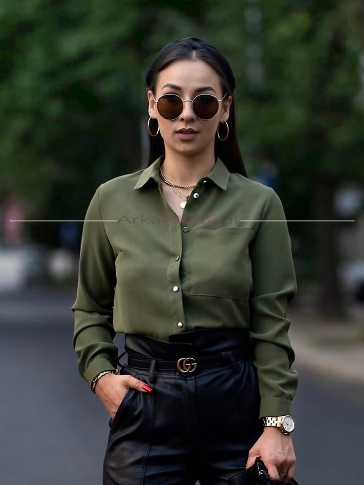 Elegancka wizytowa koszula klasyczna damska bluzka klasyczna z kieszonką khaki zielona Polska produkcja