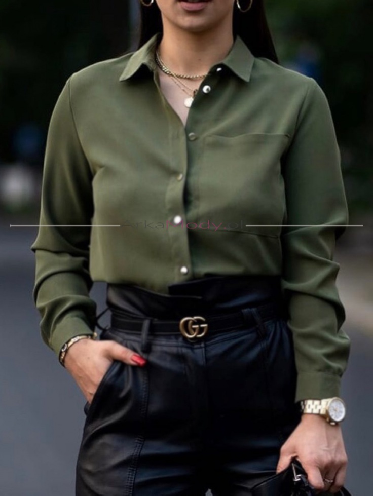 Elegancka wizytowa koszula klasyczna damska bluzka klasyczna z kieszonką khaki zielona Polska produkcja 3
