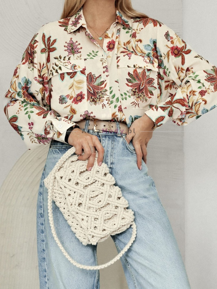 Koszula damska luźna bluzka wzor kwiatowy beżowa klasyczna Simplicity Polski produkt PREMIUM