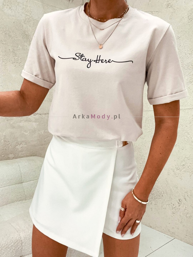Bluzka damska tshirt beżowa bawełna krótki rękaw StayHere Polski produkt 3