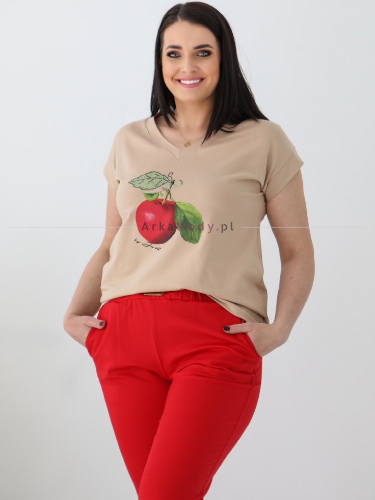 Elegancka bluzka damska beżowa PlusSize aplikacja jabłko JUSTTI Polska produkcja PREMIUM