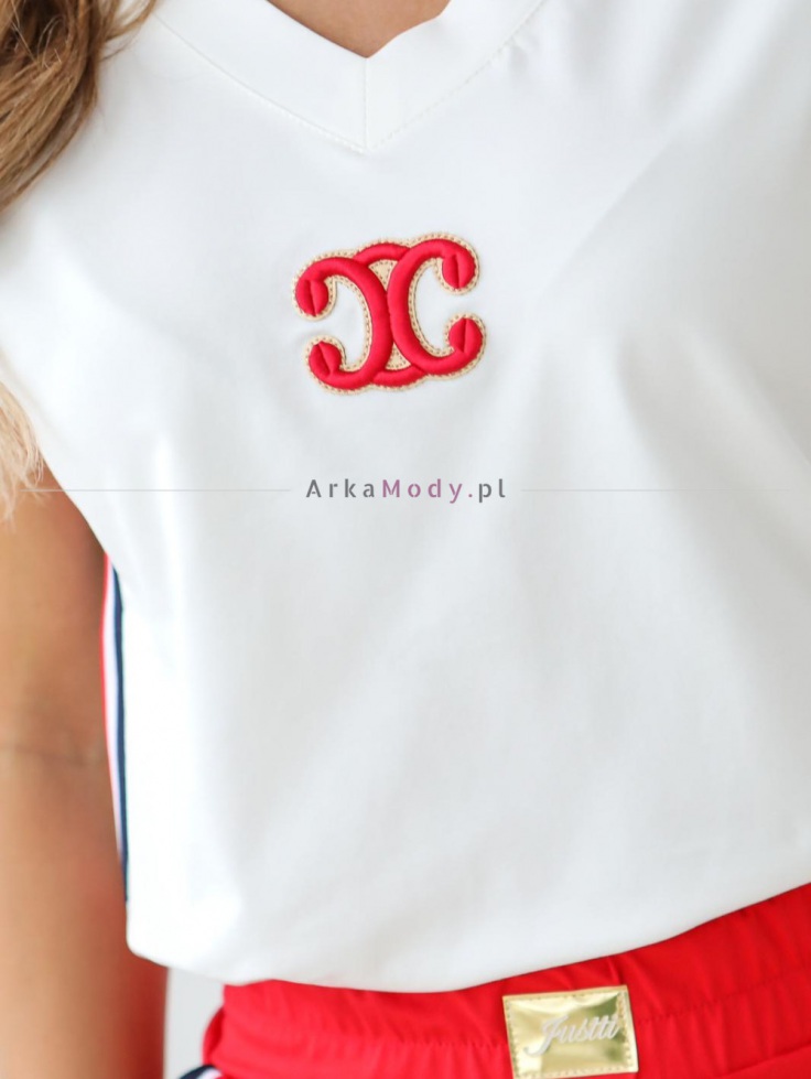 Bluzka damska PlusSize biała ecru wyszywana czerwona aplikacja lampasy JUSTTI Polska produkcja PREMIUM 2