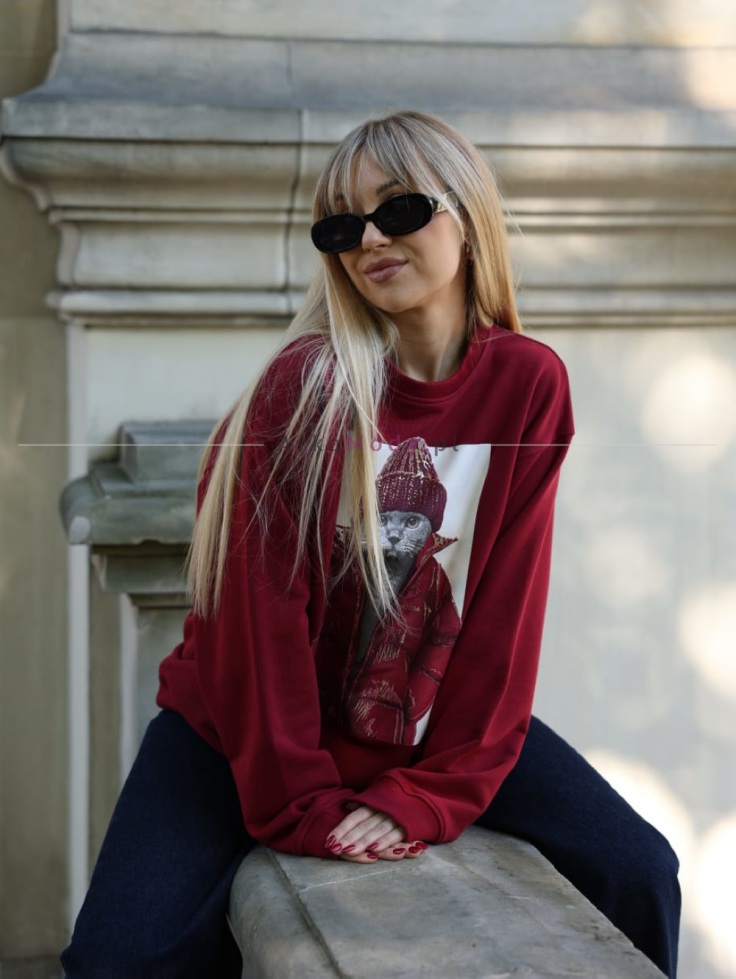 Bluza oversize damska bordo print kotek Nooda Polska produkcja