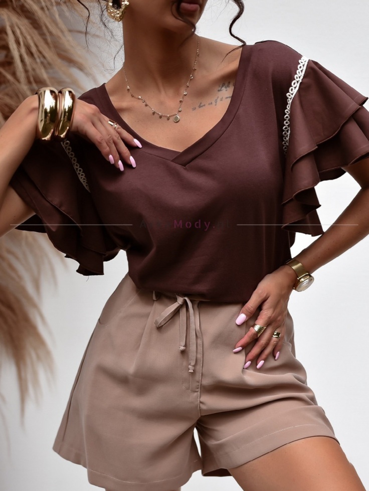 Elegancka bluzka damska falbank na rękawie brąz Xana Collection Polski produkt 2