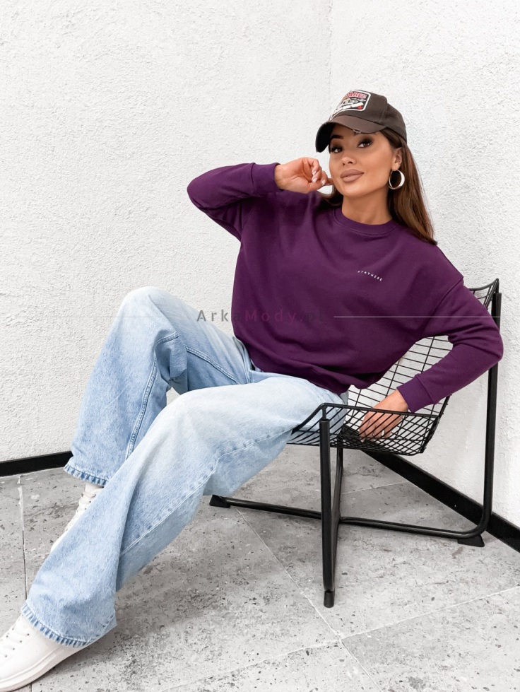 Bluza damska oversize pudełkowa bez  kaptura bakłażan STAYHERE Polska produkcja