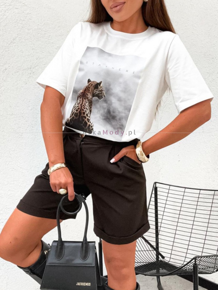 Bluzka damska tshirt ecru bawełna krótki rękaw print gepard StayHere Polski produkt 2