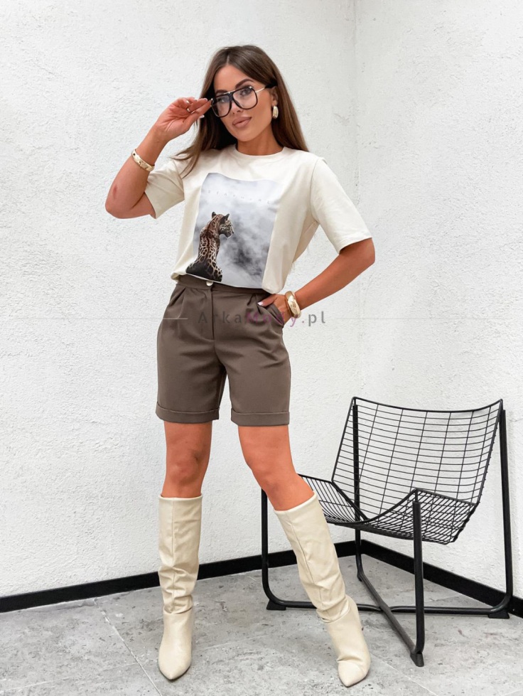 Bluzka damska tshirt beż bawełna krótki rękaw print gepard StayHere Polski produkt