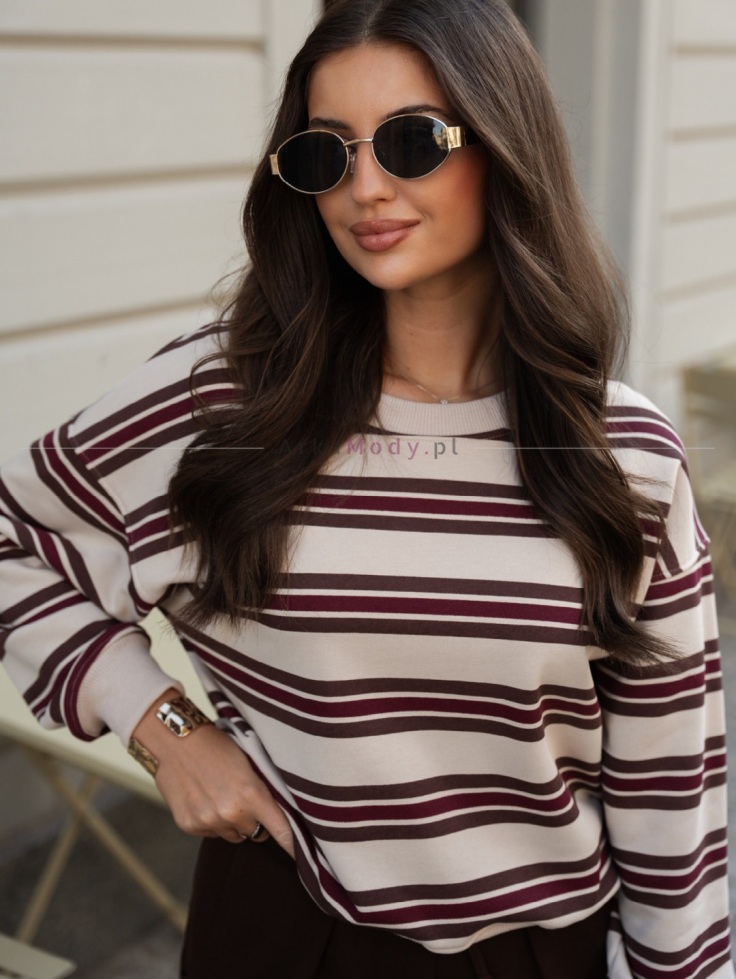Bluza damska w paski beż-brąz śliwka bez kaptura Xana Collection 2