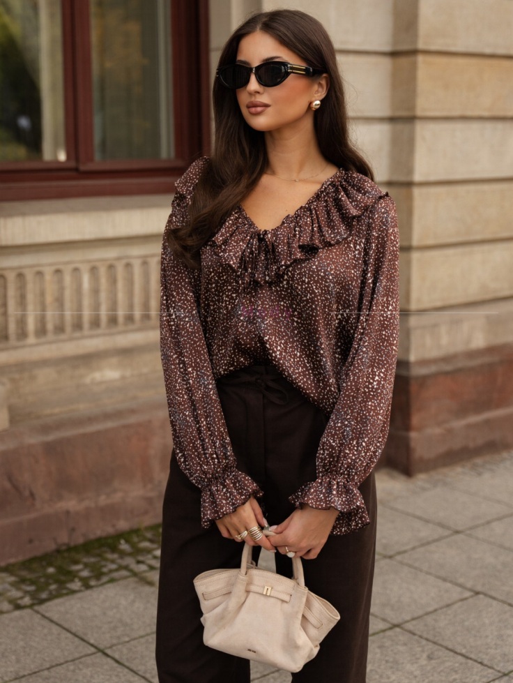 Elegancka szyfonowa bluzka damska brązowa falbanka Xana Collection Polski produkt