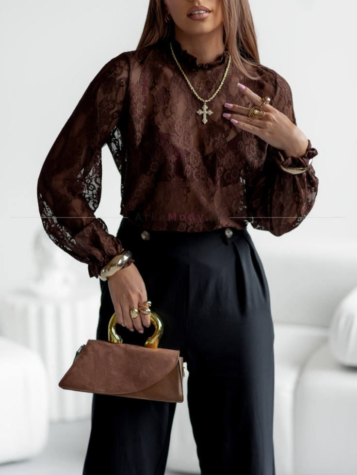 Elegancka bluzka damska ciemny brąz koronka wzór SimpliCity 4