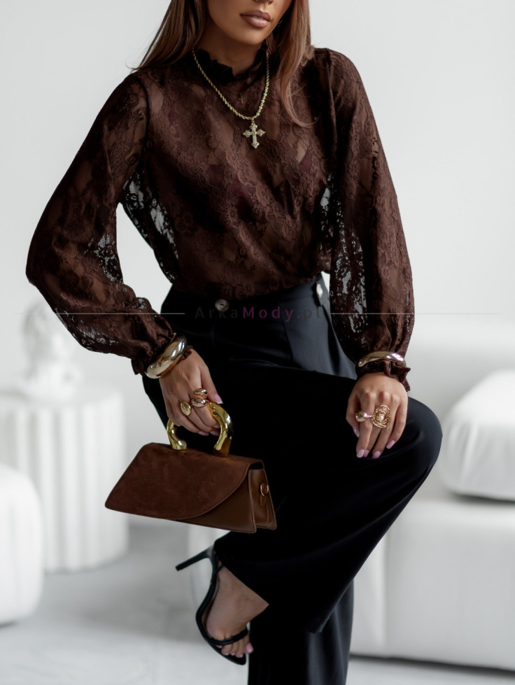 Elegancka bluzka damska ciemny brąz koronka wzór SimpliCity 2