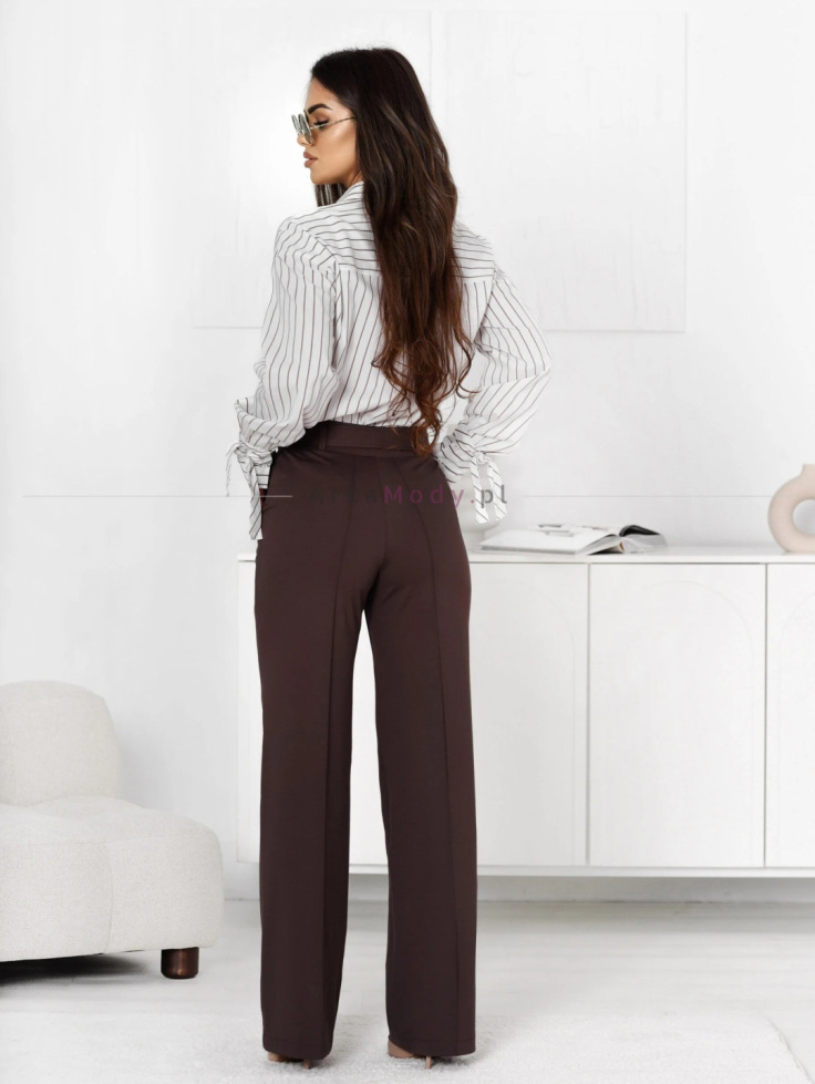 Eleganckie spodnie damskie Arden brąz ozdobna klamra rozszerzana  nogawka wysoki stan WIBs Polska produkcja 3