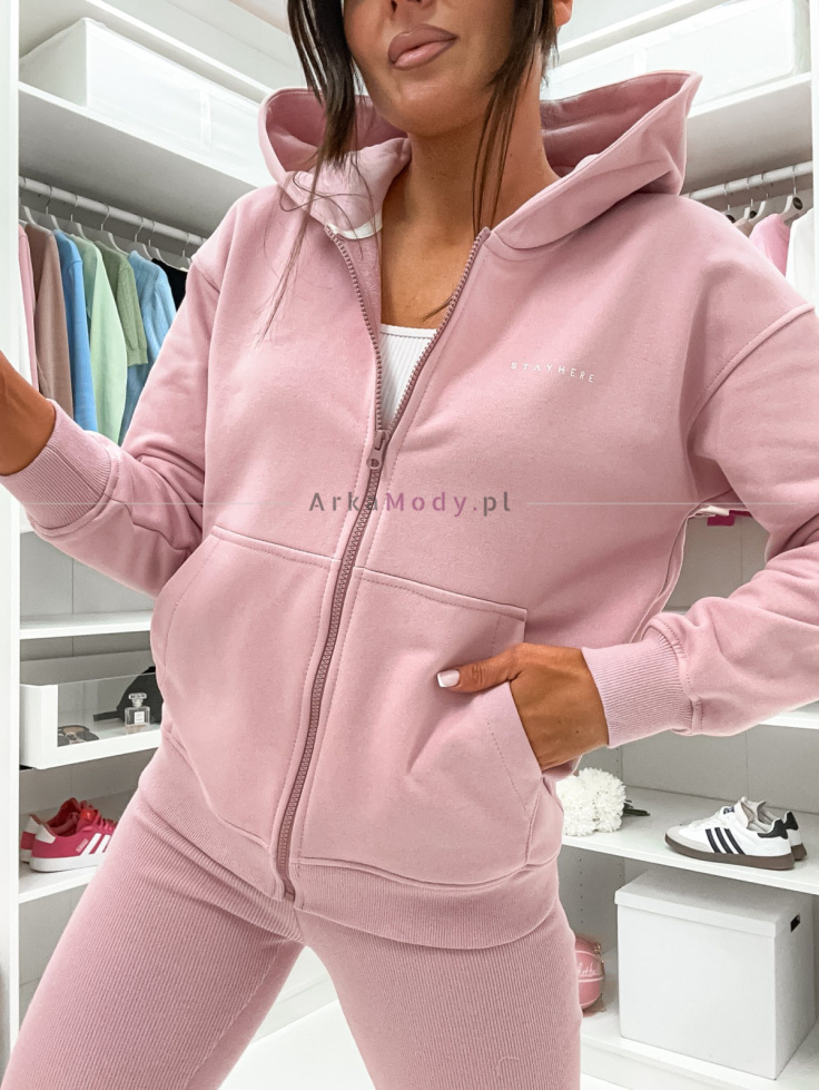 Bluza damska dresowa z kapturem pudrowy róż rozpinana na zamek STAYHERE Polska produkcja