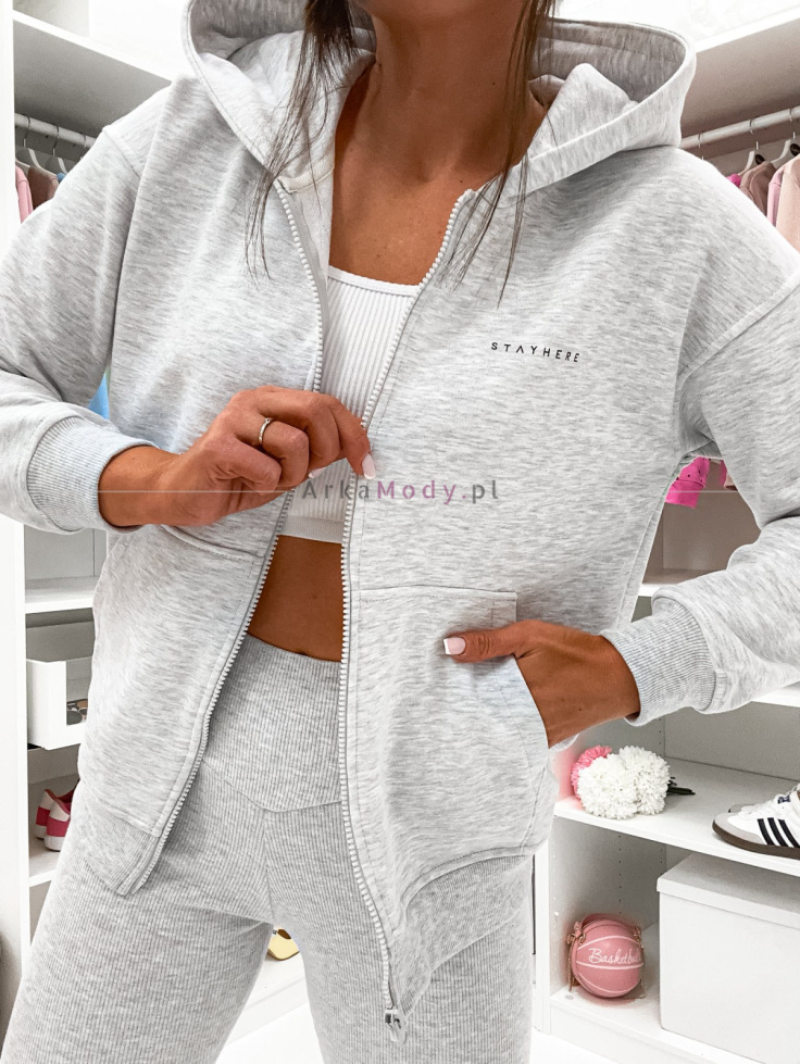 Bluza damska dresowa z kapturem szary melanż rozpinana na zamek STAYHERE Polska produkcja 3