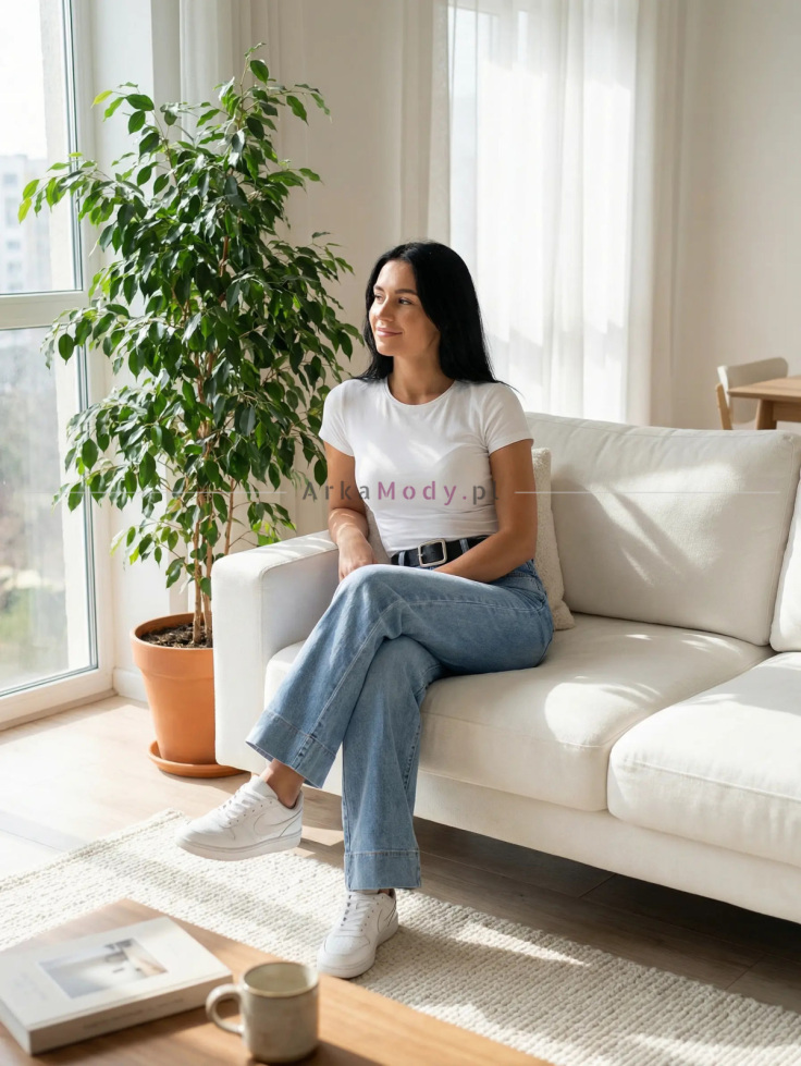 Spodnie jeans damskie niebieskie szeroka prosta nogawka wysoki stan skinny leg 5