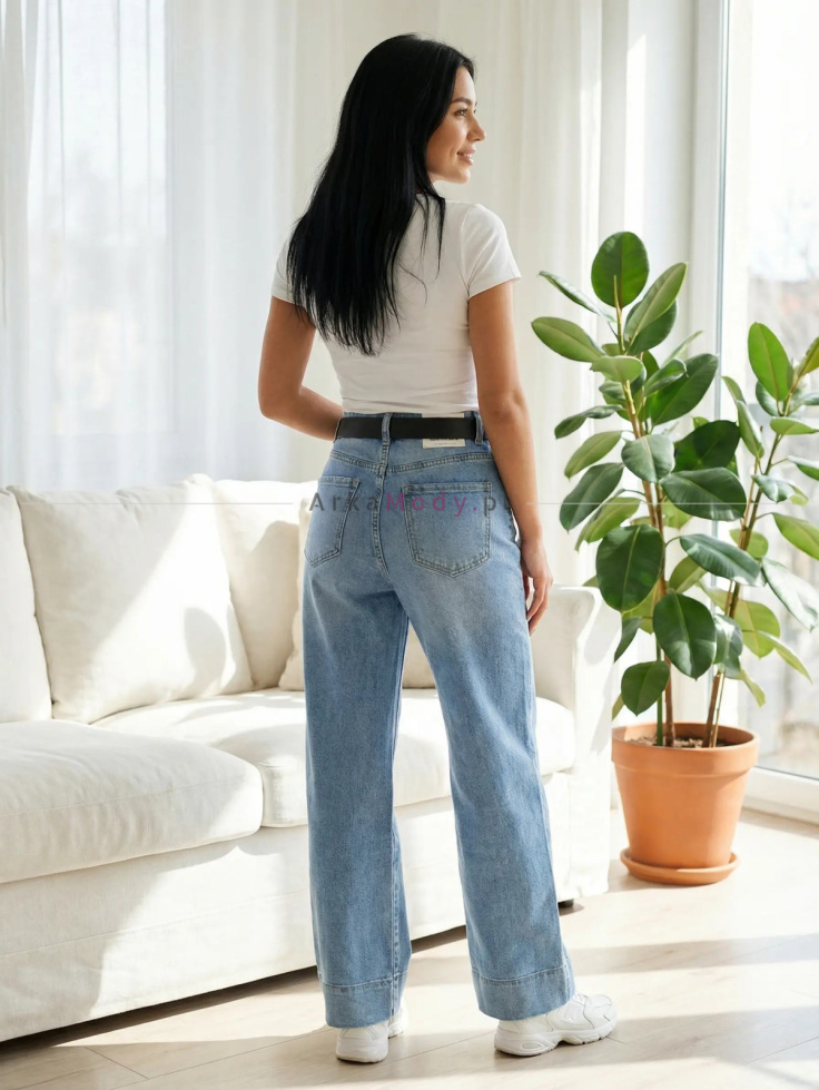 Spodnie jeans damskie niebieskie szeroka prosta nogawka wysoki stan skinny leg 6