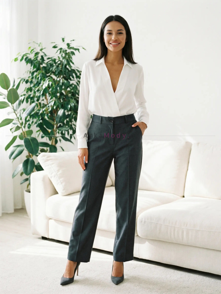 Eleganckie spodnie damskie popiel szare szeroka nogawka wysoki stan klasyczne duże rozmiary Polska produkcja