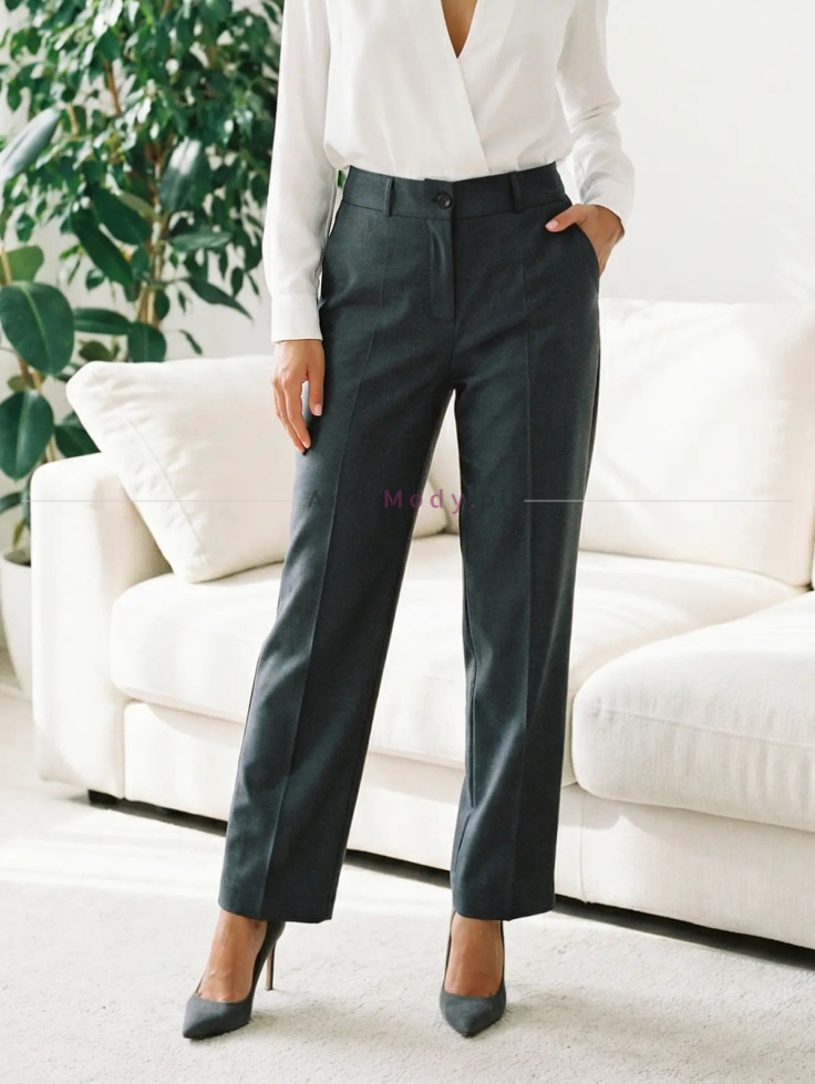 Eleganckie spodnie damskie popiel szare szeroka nogawka wysoki stan klasyczne duże rozmiary Polska produkcja 6