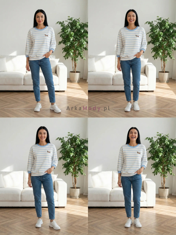 Bluza damska w błekitne paski z aplikacją pieska oversize rękaw 3/4 Xana Collection 9