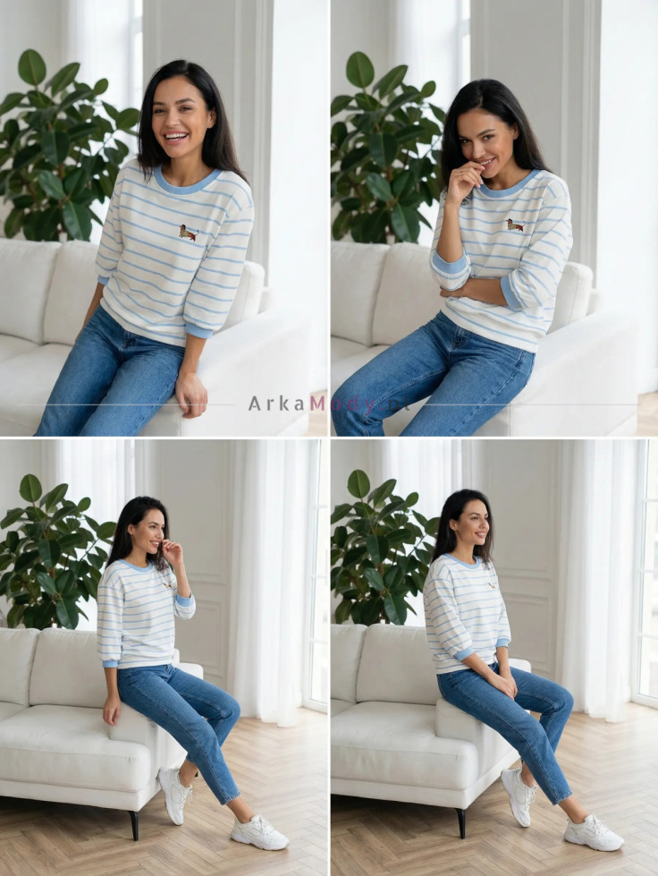 Bluza damska w błekitne paski z aplikacją pieska oversize rękaw 3/4 Xana Collection