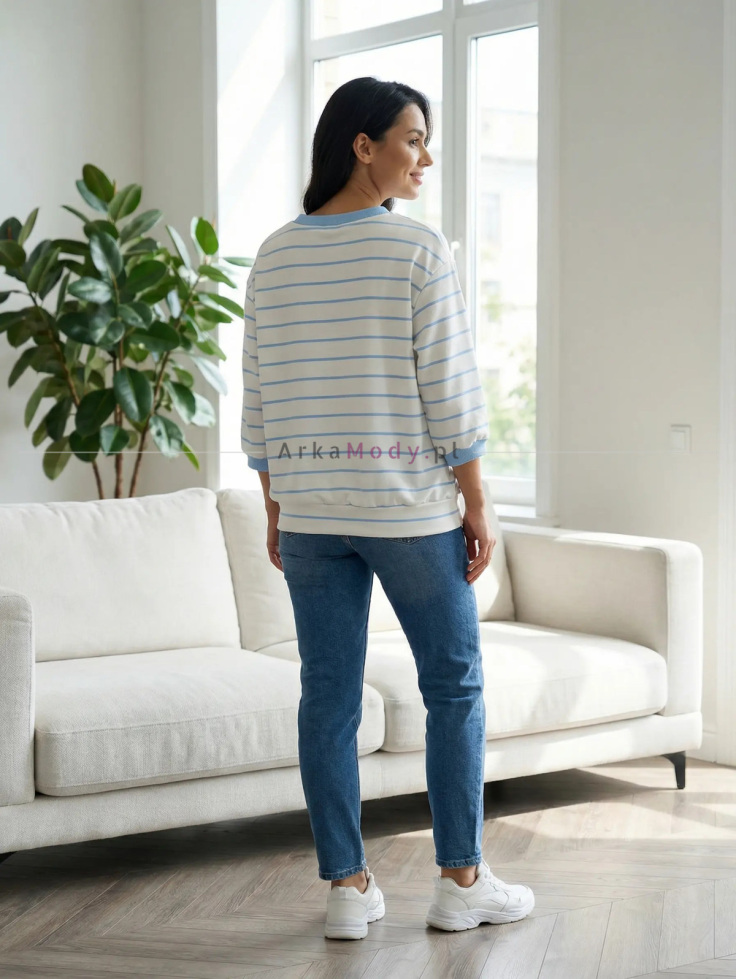 Bluza damska w błekitne paski z aplikacją pieska oversize rękaw 3/4 Xana Collection 8