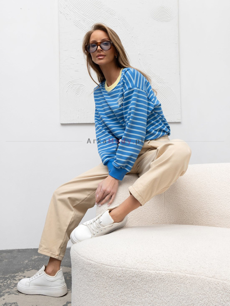 Bluza damska w niebieskie paski z żółtym wykończenie na dekolcie długi rękaw luźny krój Xana Collection 3