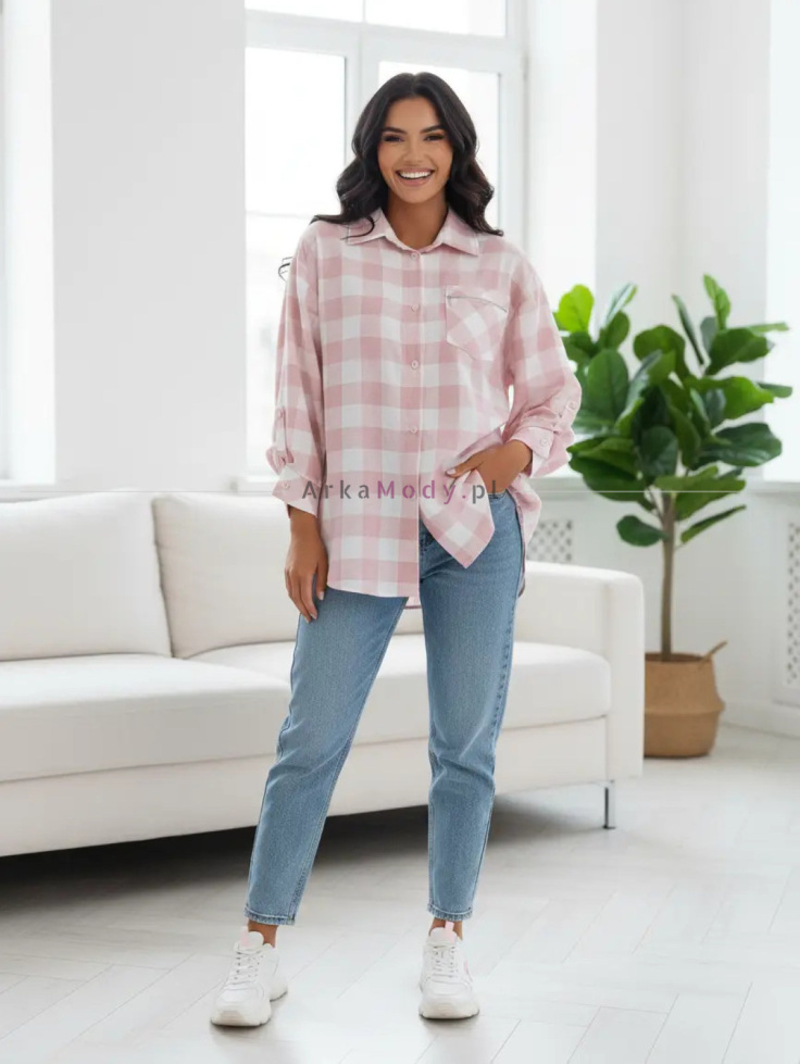 Koszula damska w kratę puder długa oversize Xana Collection 3