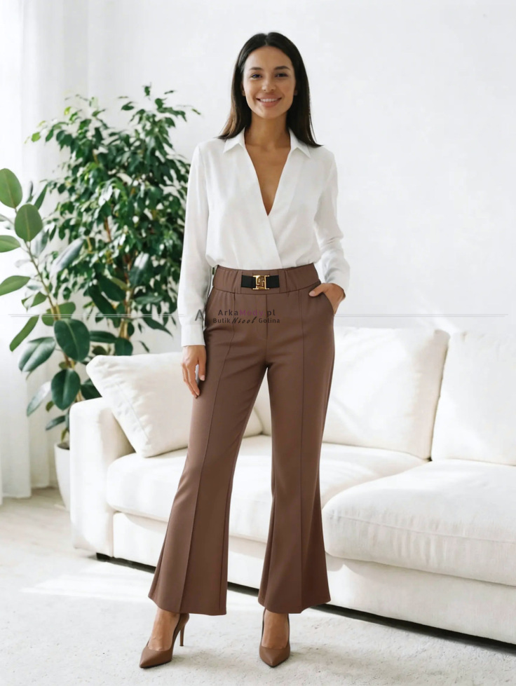 Eleganckie spodnie damskie mleczna czekolada dzwony wysoki stan duże rozmiary Polska produkcja 4