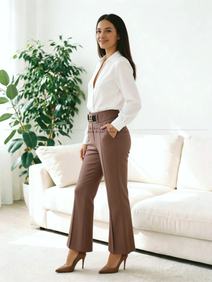 Eleganckie spodnie damskie mleczna czekolada dzwony wysoki stan duże rozmiary Polska produkcja 3
