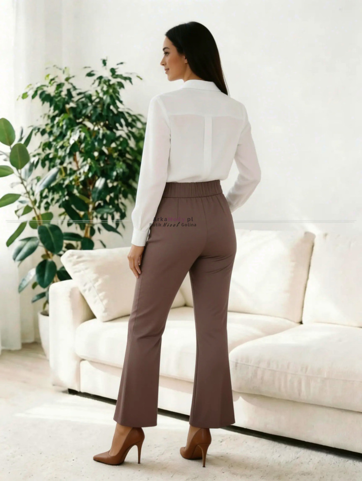 Eleganckie spodnie damskie mleczna czekolada dzwony wysoki stan duże rozmiary Polska produkcja 2