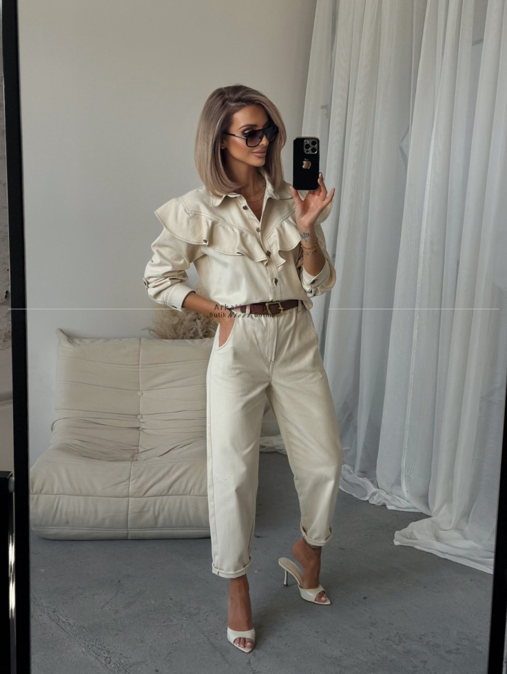 Kurtka damska jeans beżowa podwójną falbaną  XANA Collection 3