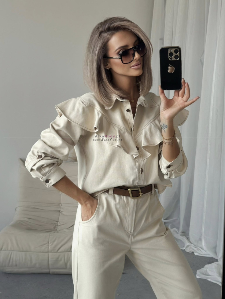 Kurtka damska jeans beżowa podwójną falbaną  XANA Collection