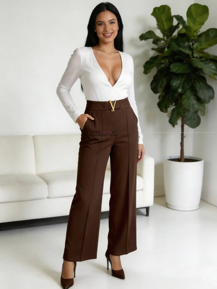 Damskie eleganckie spodnie brązowe szeroka nogawka Polski produkt wysoki stan duże rozmiary 5